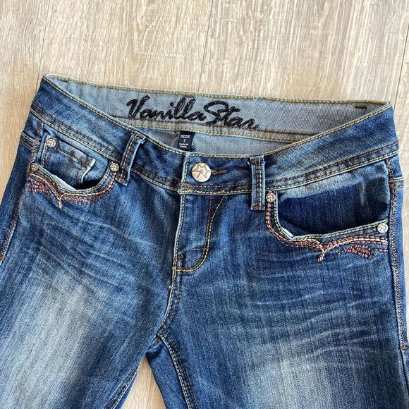 Y2K Low Rise Flare Blue Jeans with Brown Embroidery Coastal Cowgirl Denim Retro - Picture 4 of 8